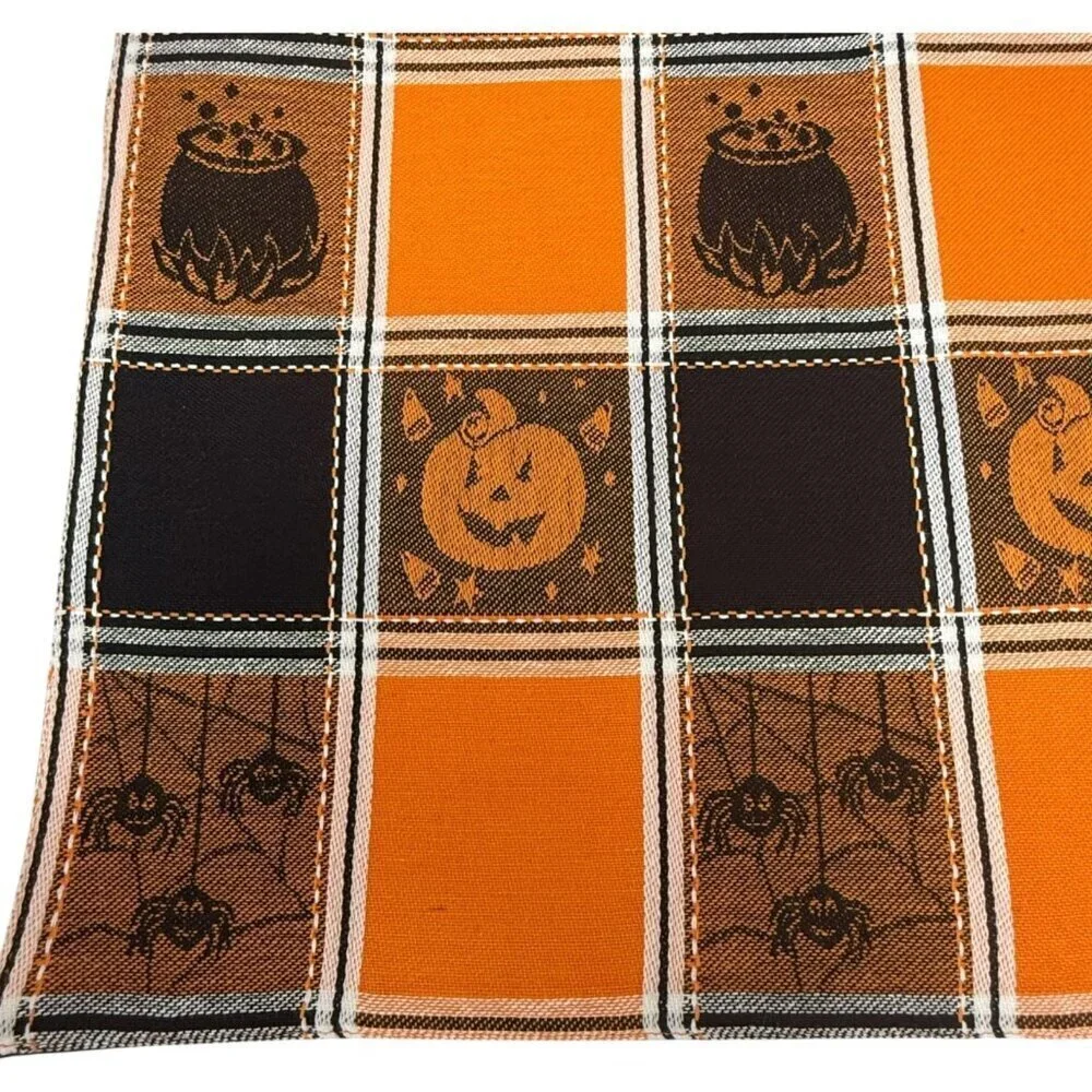 Halloween Placemats Set of Four Pumpkin Orange Black Check Cotton Tapestry